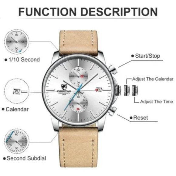 2021 Men's Watch CHEETAH Chronograph Brand Fashion Quartz Waterproof Leather NEW - Picture 4 of 6
